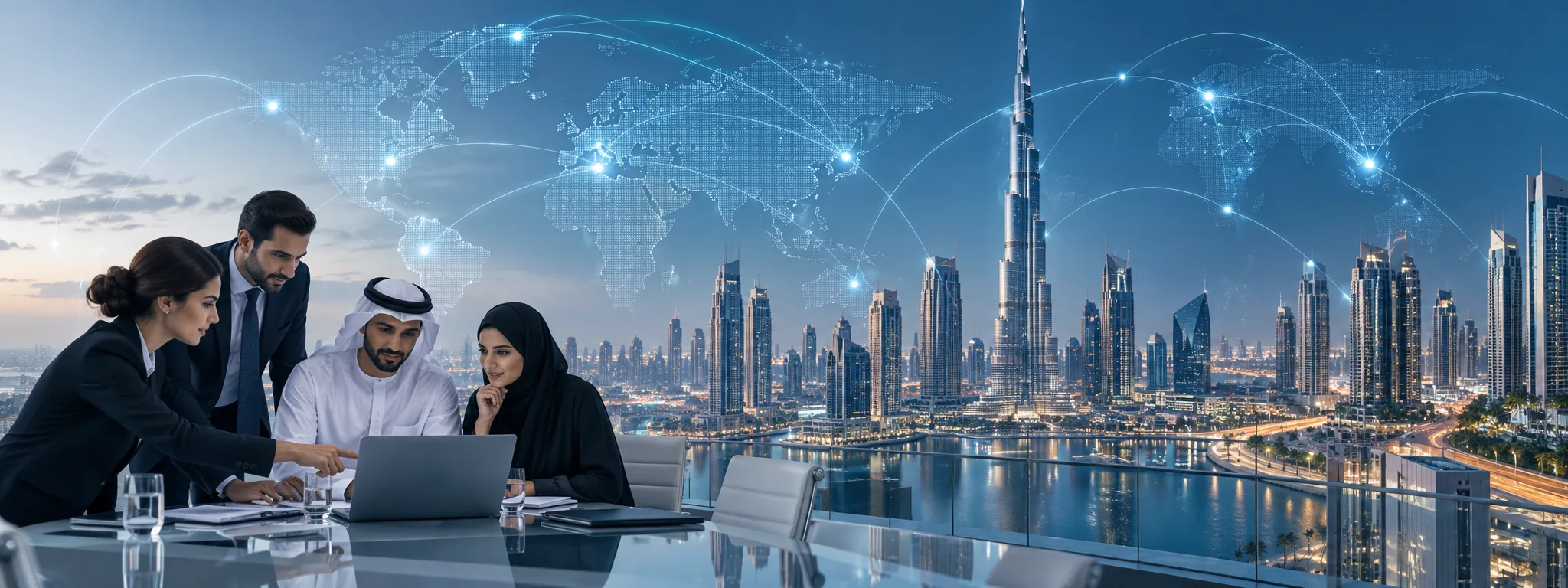 Insurance consultants advising business leaders in a modern Dubai office